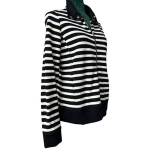 LAUREN RALPH LAUREN Full Zip Sweater 100% Cotton Black and White Striped Jacket